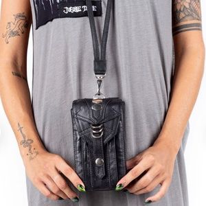 Black leather crossbody/ lanyard style purse or phone and wallet carrier